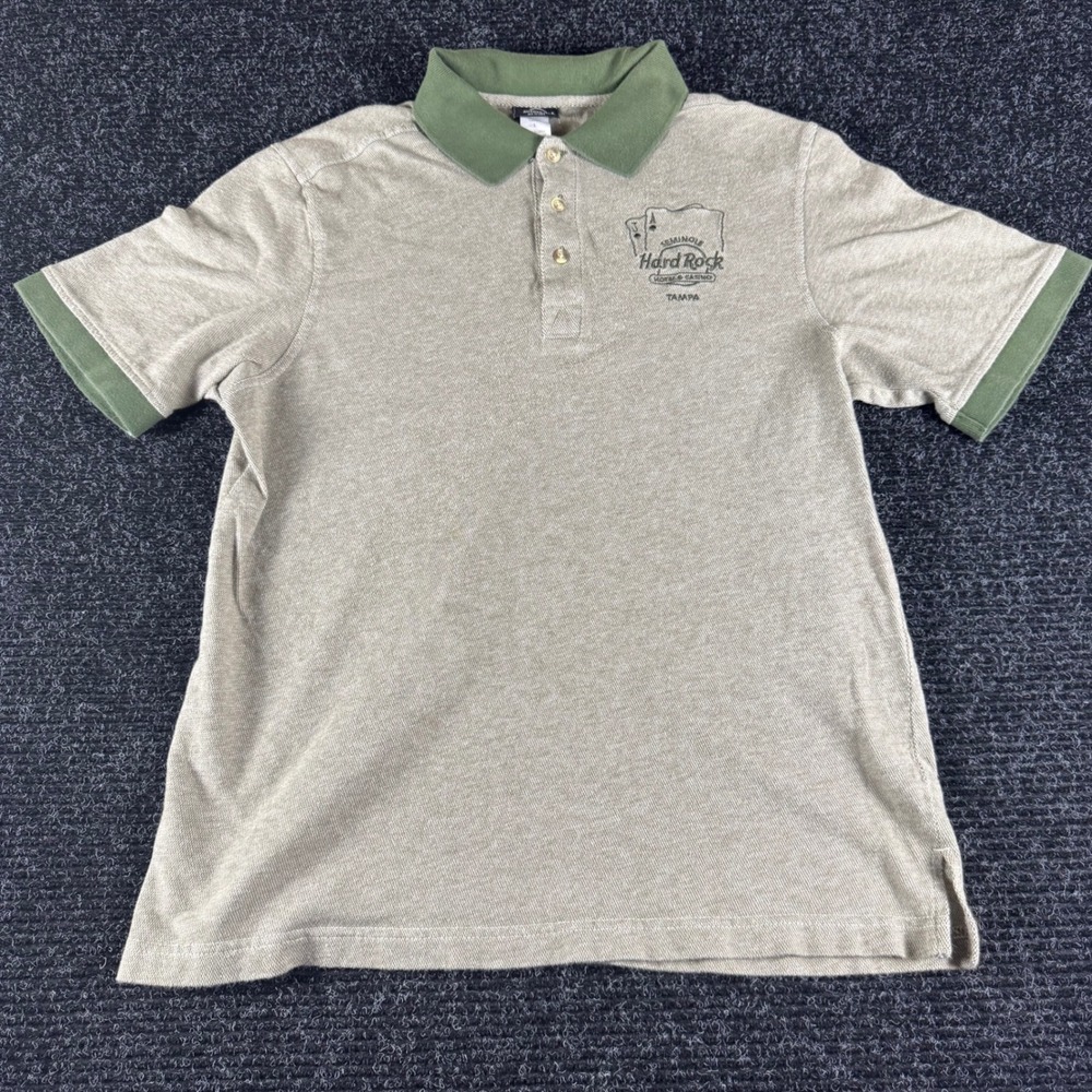 Hard Rock Hotel Casino Tampa Polo Shirt Mens Large Tan Green Seminole Pique Logo